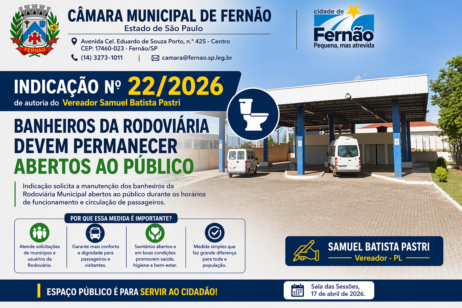 📢 Vereador solicita banheiros da Rodoviária abertos ao público