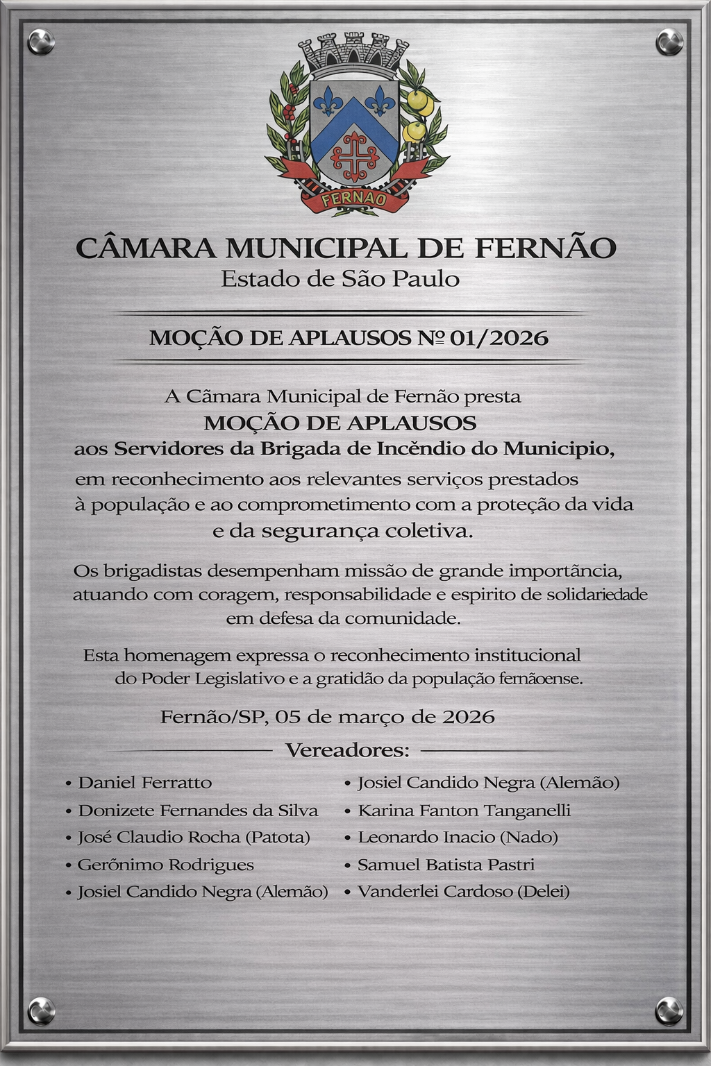 Câmara Municipal apresenta Moção de Aplausos à Brigada de Incêndio de Fernão