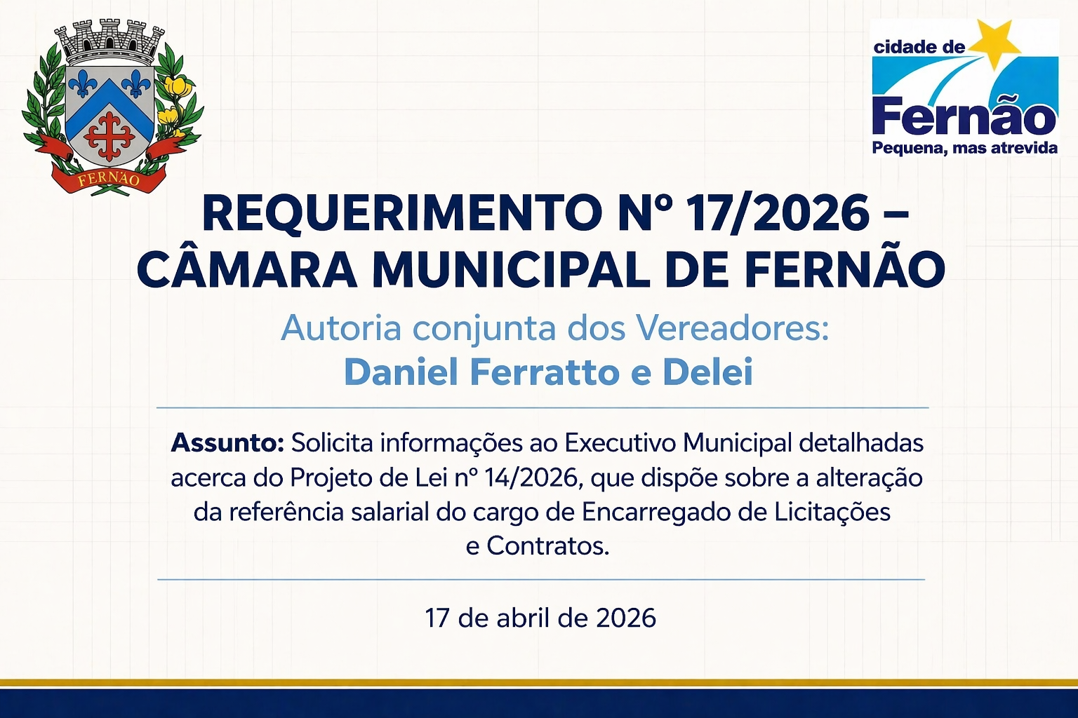 Requerimento nº 17/2026 solicita esclarecimentos sobre aumento salarial de cargo público em Fernão