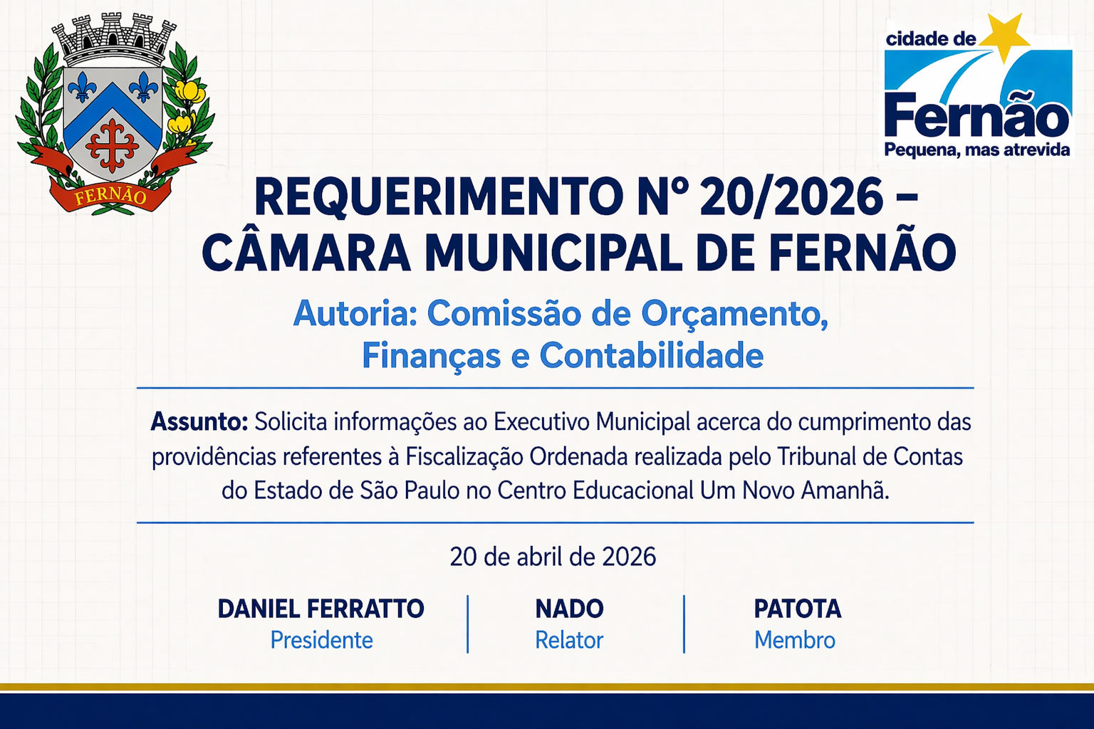 📢 Requerimento nº 20/2026, de autoria da Comissão de Orçamento, Finanças e Contabilidade