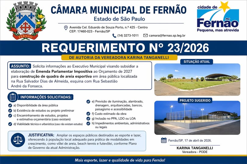 📢 Requerimento propõe construção de quadra de areia esportiva