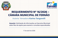 Vereadora apresenta Requerimento nº 16/2026 cobrando informações sobre filas de espera na saúde